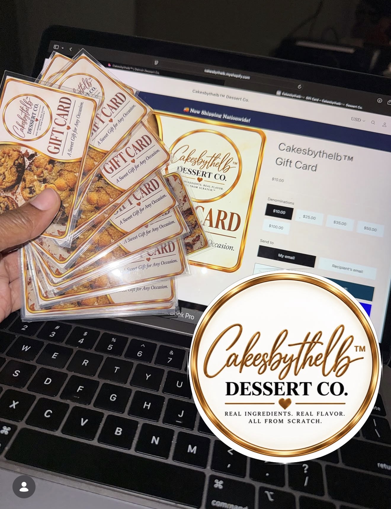 Cakesbythelb gift cards photographed beside the online gift card page